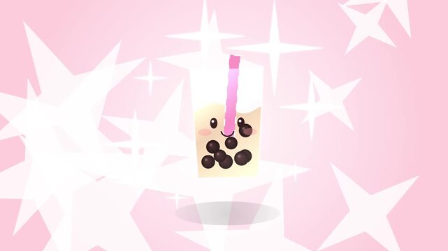 Kawaii Boba Tea Illustration on Pink Background with Stars