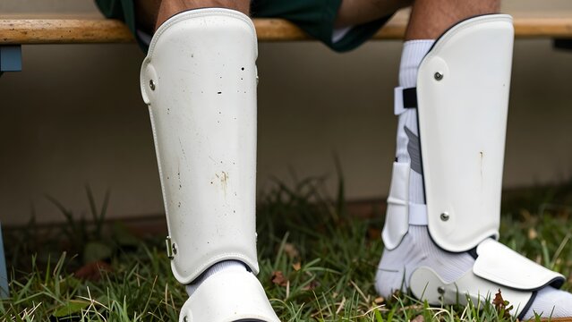 050. [STYLE] of shin guards and grass-stained socks showing post-match wear with mud streaks, elastic fabric ribbing and scratched polymer shell textures, honest natural sidelight, earthy olive and wh