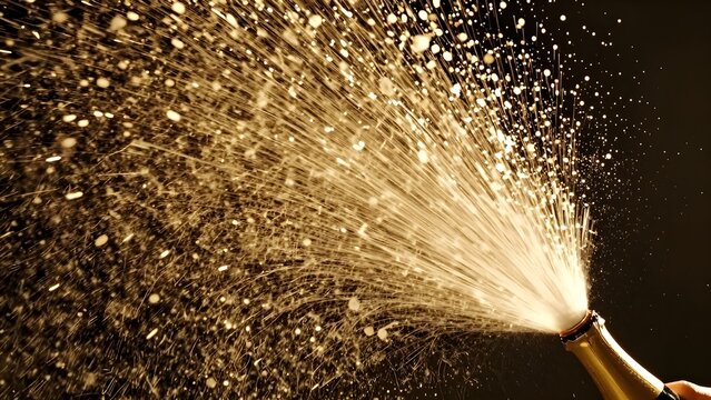 095. [STYLE] of champagne spray erupting in golden light showing arcing foam and droplets exploding across the frame with effervescent bubble and mist textures, backlit celebratory burst lighting, spa