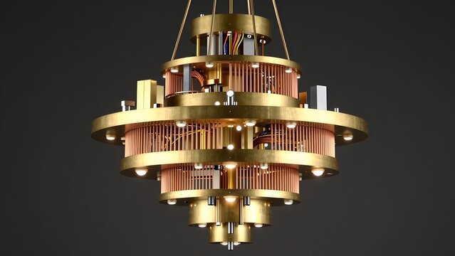 106. [STYLE] of a quantum computer chandelier showing intricate gold-plated cooling stages descending in tiers with copper coils, wiring looms and polished plate textures, precise laboratory accent li