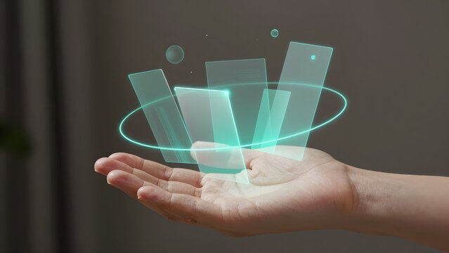 105. [STYLE] of holographic interface elements floating above an open palm showing translucent geometric panels and orbiting rings with light-projection and skin textures, soft sci-fi underglow lighti