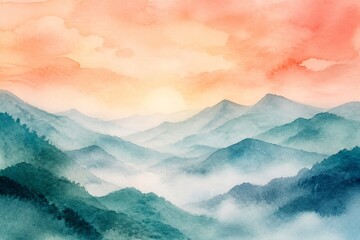 Obraz premium Layered watercolor mountains with misty sunrise atmosphere