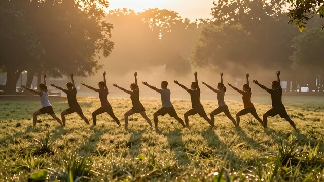 153. [STYLE] of stretching silhouettes in a sunrise park class showing a row of figures in synchronized reach with grass dew and warm haze textures, unified golden backlight, tangerine and soft green