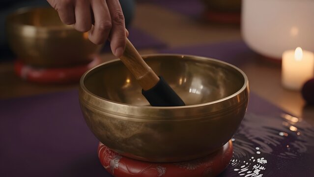 152. [STYLE] of a sound-healing bowl in resonance showing mallet circling a brass singing bowl with vibration ripples in its water and hammered-metal textures, warm candlelit ambience, antique brass a