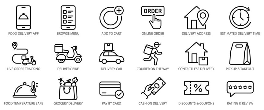 Food delivery and online ordering line icons: browse menu, add to cart, address and time, courier tracking, contactless delivery, grocery, card and cash payment, discounts, rating