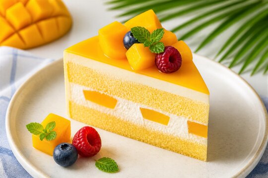 Mango mousse cake slice topped with berries on plate