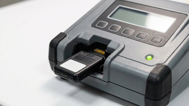 Reader device for radiation dosimeters positioned on a safety office desk - Medical Imaging & Radiology Equipment Stock Photo