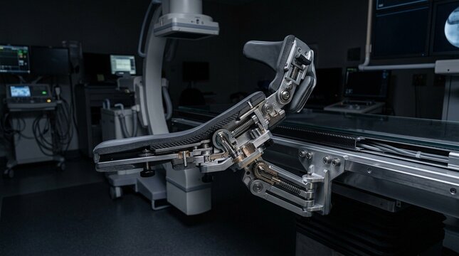 Shoulder harness positioning device mounted beside a fluoroscopy table cross-section cutaway view - Medical Imaging & Radiology Equipment Stock Photo