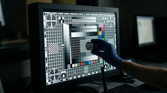 Test pattern displayed on a diagnostic PACS monitor during calibration - Medical Imaging & Radiology Equipment Stock Photo