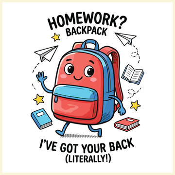 Cute smiling backpack cartoon mascot with books and school supplies Back to School 2026, vector illustration