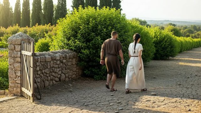 Man and woman in ancient clothing walking through wooden gate. Biblical scene representing historical journey. Concept of religious pilgrimage in rural landscape.