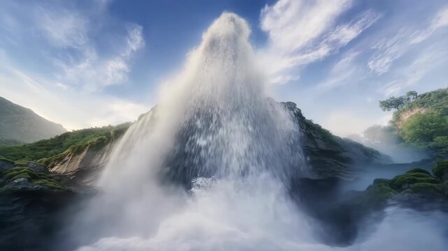 Cinematic low angle shot of a powerful waterfall cascading down mossy green cliffs. Majestic natural landscape video loop inspired by Seljalandsfoss style for travel and sustainability concepts.