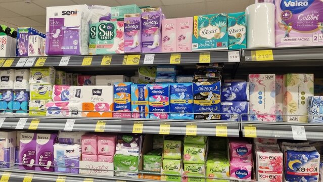 Feminine Hygiene Products and Sanitary Pads on Supermarket Shelves