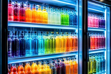 Obraz premium Bottles arranged in rainbow order inside refrigerated display