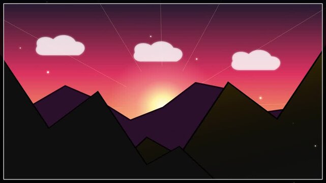 Minimalist cartoon mountain landscape at sunset