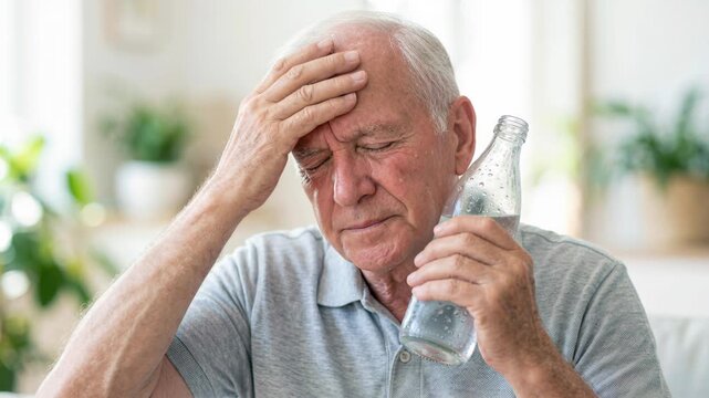 Senior man with heat exhaustion holding water indoors, dehydration risk during summer heatwave, headache dizziness thermal stress, hydration guidance, stroke warning signs, elderly health