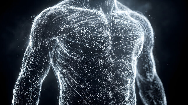 AI-generated ethereal glowing pectoral muscles built from white light particles, fitness and empowerment concept, luxury dark composition, ultra detailed 4K