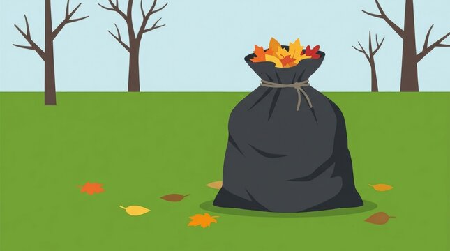 Collected autumn leaves are in a garbage bag against the backdrop of a green lawn. Flat vector illustration 2D forms, clear silhouettes, flat fills