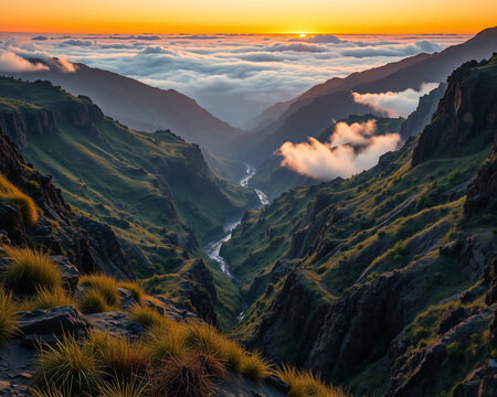 Vall&eacute;e profonde envelopp&eacute;e de for&ecirc;ts verdoyantes avec des nuages dor&eacute;s au coucher du soleil, paysage de mousson grandiose et dramatique