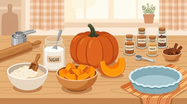 On a cozy kitchen table, the ingredients for a pumpkin pie are displayed flour, sugar, spices, and fresh pumpkin. Flat vector illustration 2D forms, c