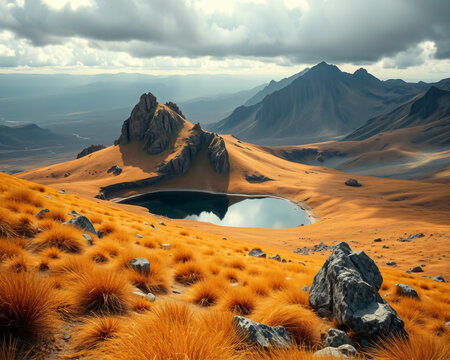 Paysage de steppe montagnarde aux teintes dor&eacute;es avec un lac tranquille, rochers volcaniques et herbes sauvages sous un ciel lumineux