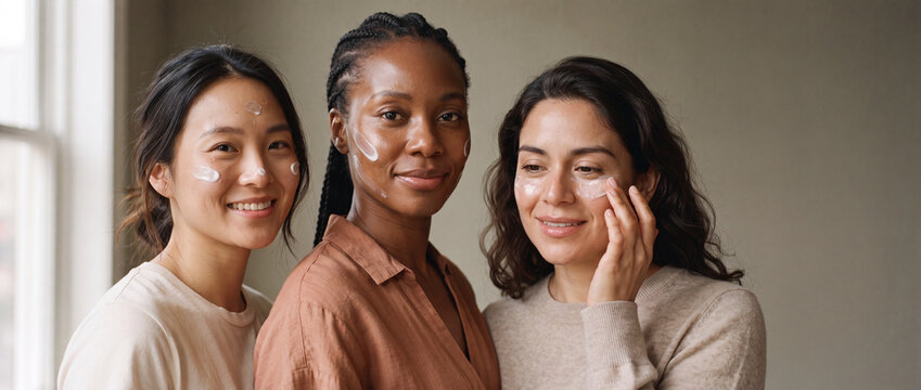 Diverse women during their skincare routine, captured in a warm natural portrait with white cosmetic cream on their faces, ideal for beauty brand advertising and wellness marketing