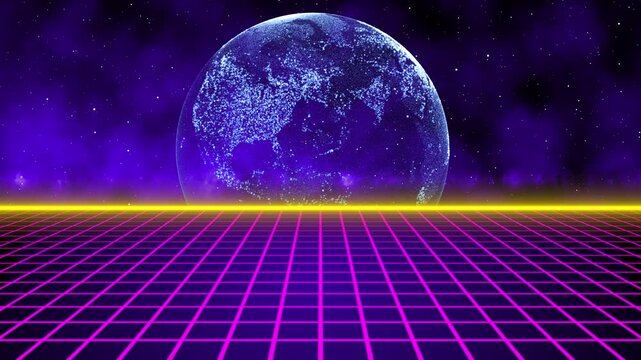 Retro Synthwave 80s Style Digital World Globe Background with Glowing Neon Pink Grid Floor and Purple Starry Space Atmosphere, Futuristic Cyberpunk Technology Concept Loop for Motion Graphics and VJ 