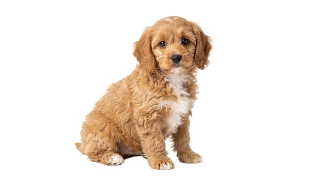 Cute fluffy light brown cockapoo puppy with dark eyes and nose sitting on floor looking attentively at camera in studio.