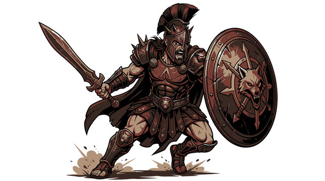 Detailed illustration of ancient Roman gladiator with sword and shield ready for battle.