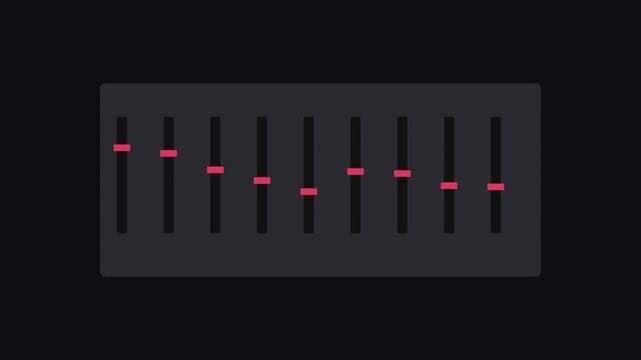 Digital audio equalizer interface animation with moving faders for music production and sound engineering software 4k
