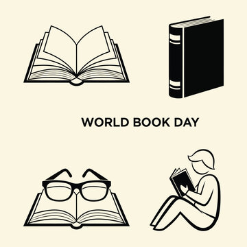 World book day illustration open books reader and glasses