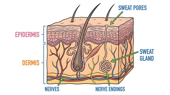 Human skin anatomy layer diagram with hair follicle and sweat glands epidermis follicle