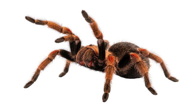 Mexican redknee tarantula spider in aggressive defensive pose isolated on transparent background for arachnology science project.