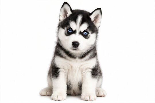 Siberian husky puppy sitting facing camera on white background