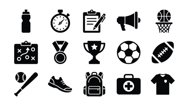 Set of sixteen black and white sport and activity icons with transparent background
