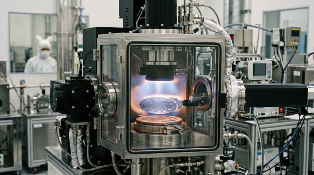 Focused view of an advanced deposition system applying insulating nanolayers onto sensitive microchips to protect against heat and electrical interference.