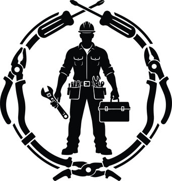 Professional handyman silhouette with tool belt and toolbox. Construction worker emblem with wrench and pliers frame.