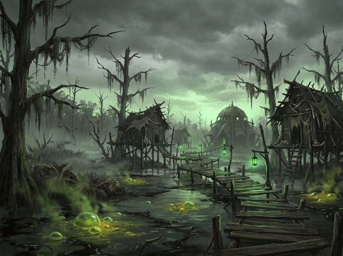 Spooky swamp village with wooden stilt houses and glowing green lanterns over dark water.