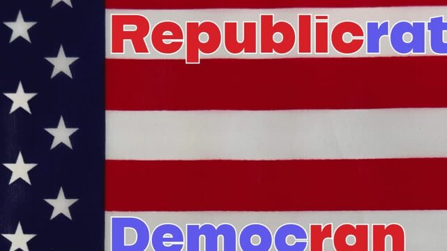 Overlaying an American flag that combine political party names into Republicrat and Democran, conceptually arguing a one-party system in US politics