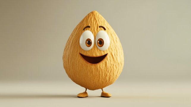 Happy cartoon almond character with big eyes and a smile.
