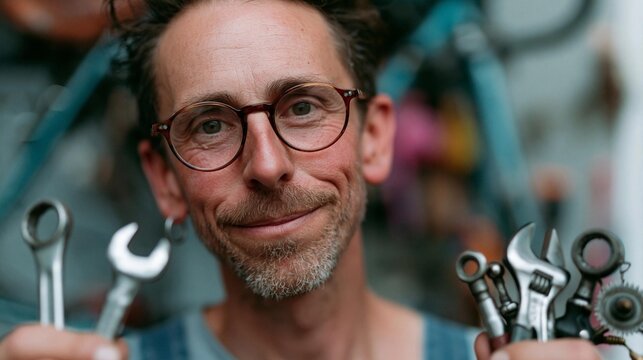 Close-up portrait of a middle-aged man with a beard and glasses. he is holding a bunch of tools in his hands, including a wrench, a screwdriver, and a pair of pliers.