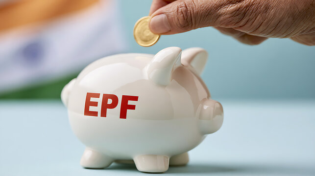 EPF India Concept Illustration with Piggy Bank, Gold Coins, Indian Flag Background, Financial Savings, Retirement Fund, Employee Provident Fund, Wealth Growth