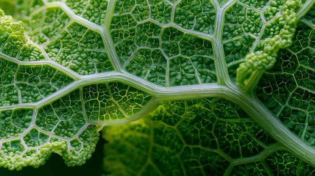 Close-up of a green leaf with a hexagonal pattern. the leaf appears to be a type of leafy vegetable, possibly kale or kale, with a deep green color and a glossy texture.