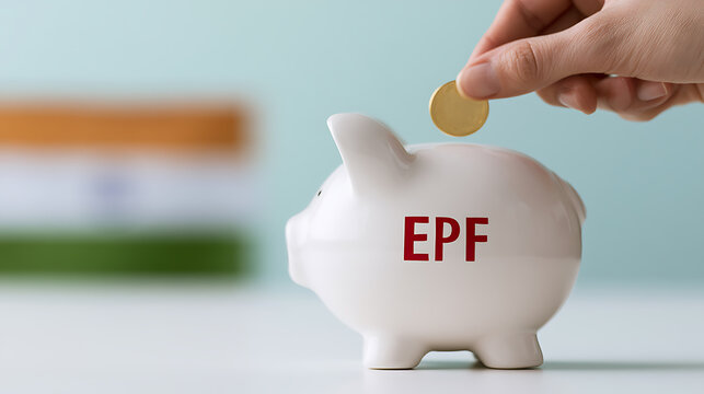 EPF India Concept Illustration with Piggy Bank, Gold Coins, Indian Flag Background, Financial Savings, Retirement Fund, Employee Provident Fund, Wealth Growth