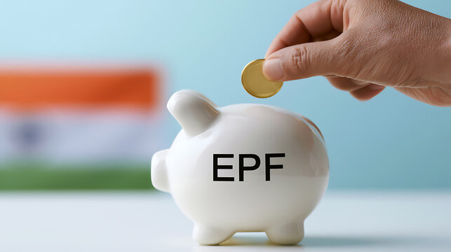 EPF India Concept Illustration with Piggy Bank, Gold Coins, Indian Flag Background, Financial Savings, Retirement Fund, Employee Provident Fund, Wealth Growth