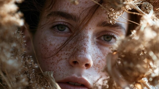 Close-up portrait of a young woman's face. she is looking directly at the camera with a serious expression. her face is covered in freckles and her eyes are a piercing blue.