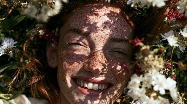 Close-up portrait of a young woman's face. she has red hair and freckles on her face, and her eyes are closed. she is smiling widely and appears to be laughing.