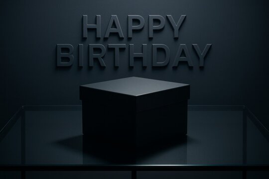 Black birthday gift box dramatic minimal design elegant celebration concept modern dark photography stylish typography sophisticated atmosphere unique