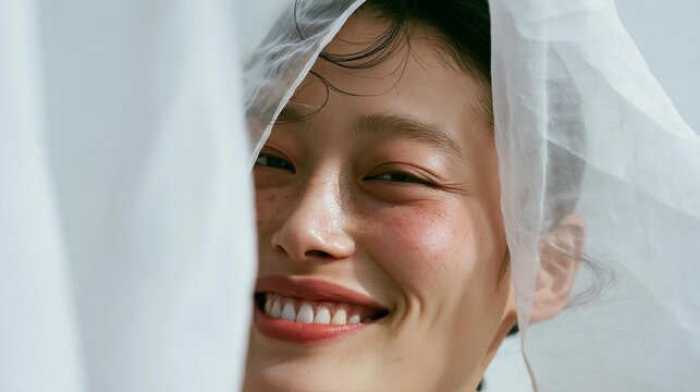 Close-up portrait of a young woman's face. she is smiling widely and her eyes are closed, showing her teeth. her hair is pulled back in a bun and she is wearing a white veil over her head.