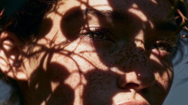 Close-up portrait of a young woman's face. the focus is on her face, with her eyes looking directly at the camera. she has dark hair and freckles on her skin.
